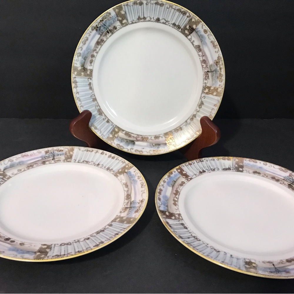 3 Vintage Nippon Hand Painted Salad Plates Gold Trim W/Tree’s